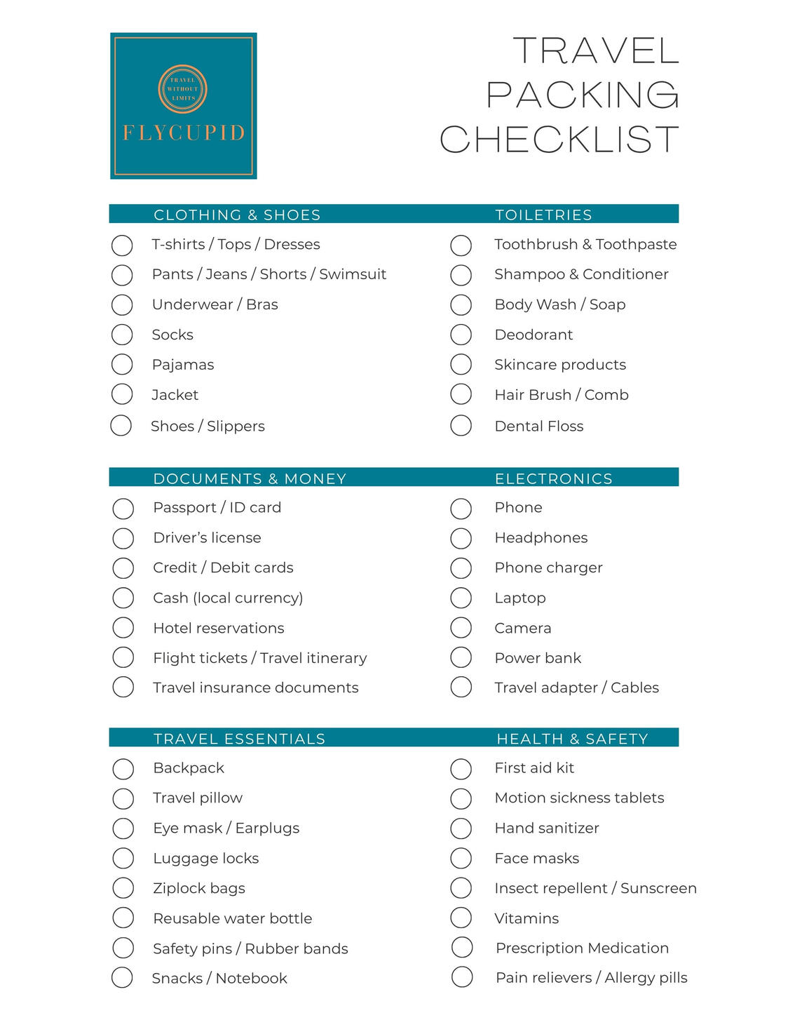 Travel Packing Checklist - FREE